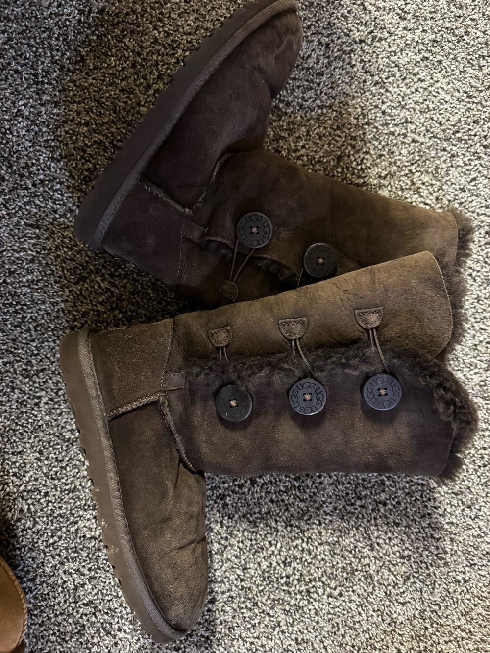 UGG Button-Accent Shearling Boots in Dark Brown
